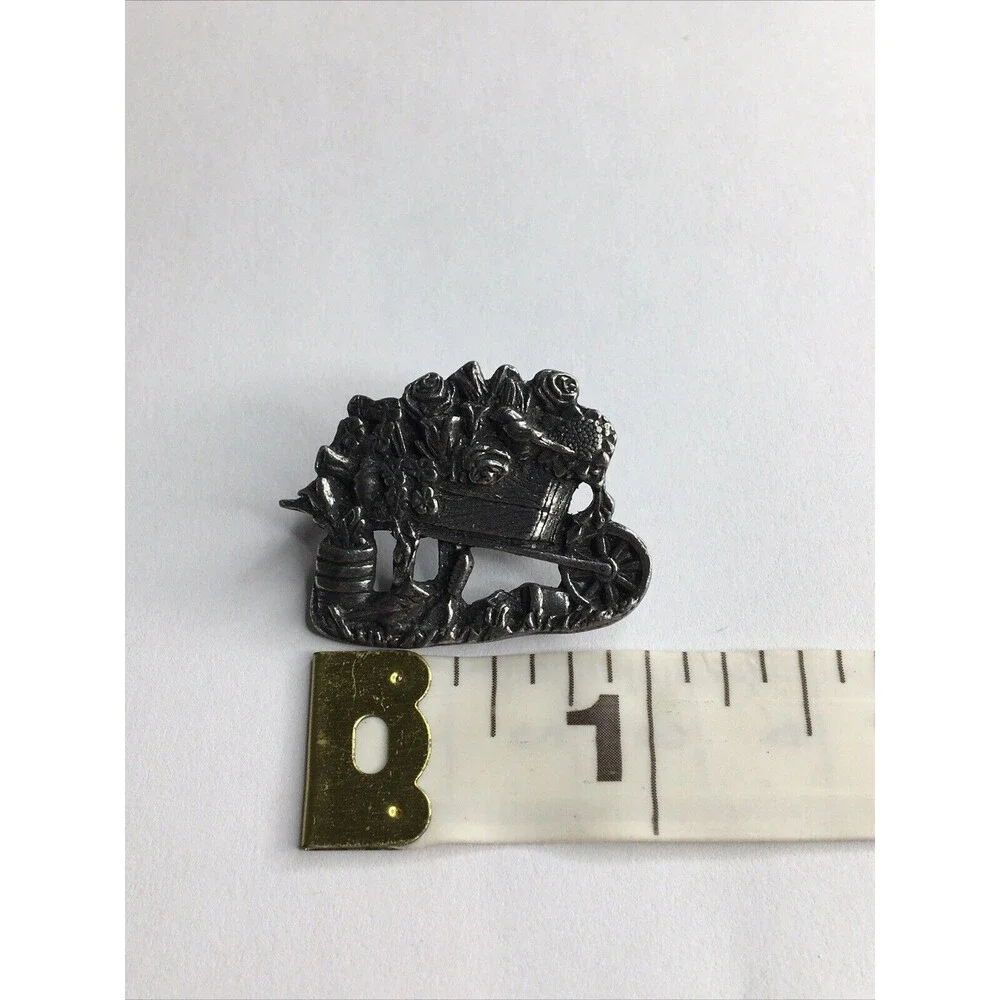 Birds & Blooms Brooch Pin‎ Pewter Flower Wheelbarrow Granny Cottage Fairycore